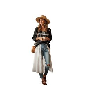 BCBGMAXAZRIA Black Embroidered Tunic Blouse Top Boho Aztec 3/4 Sleeve Size XS